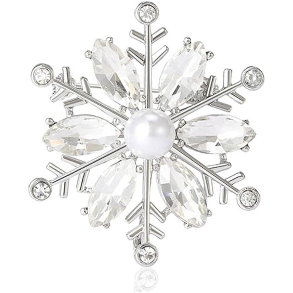 Crystal Snowflake Brooch for Women Rhinestone Winter Pin with Pearl Elegant